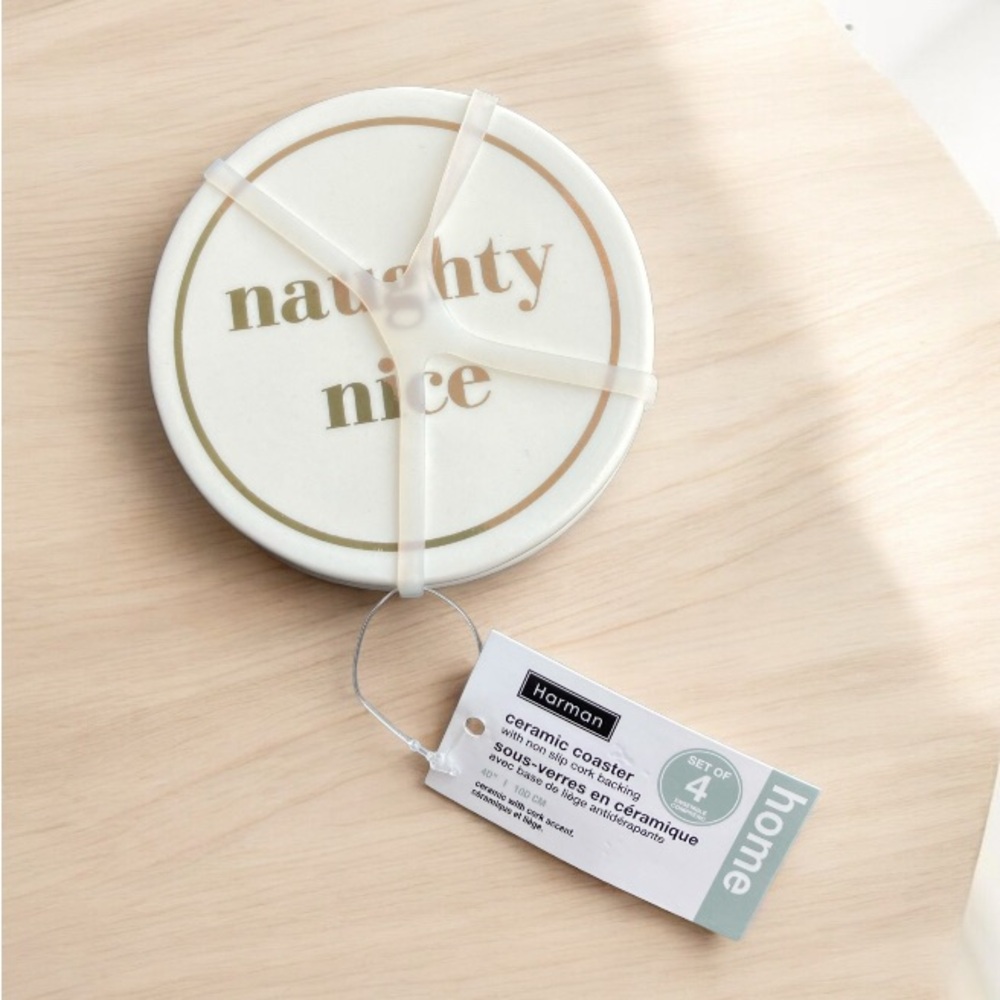 NEW Harman Home Set of 4 Naughty Nice Christmas Ceramic Coasters Cork Backing